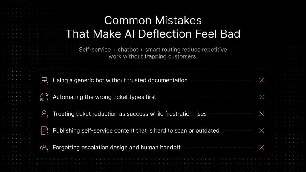 Common mistakes that make AI ticket deflection feel bad, including generic bots, wrong automation targets, weak self-service content, and poor escalation design