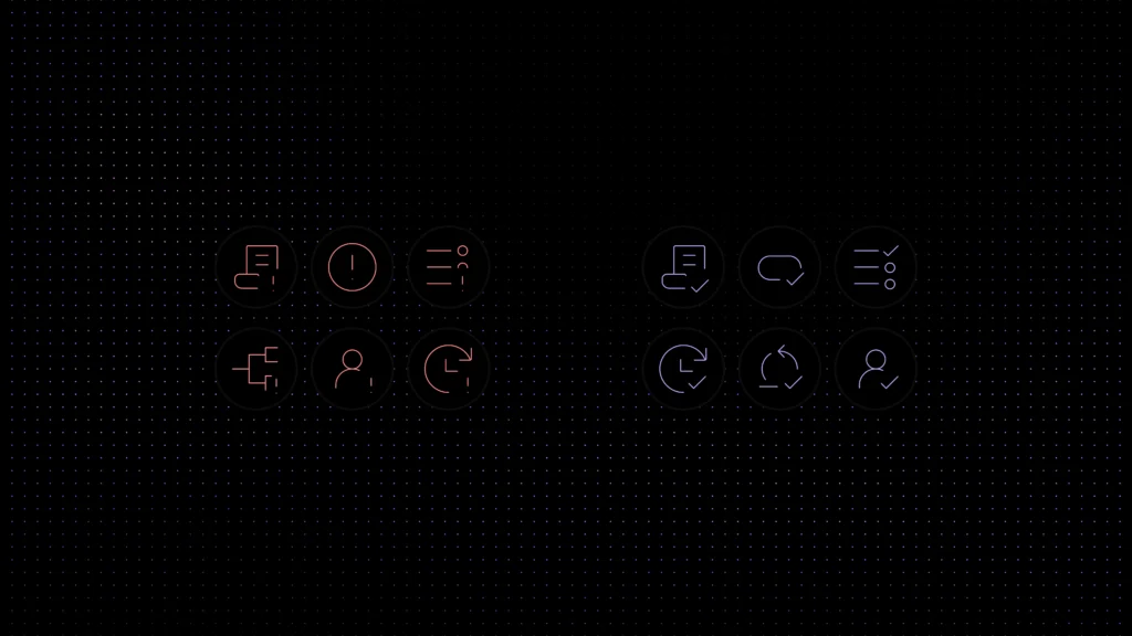 Futuristic workflow automation icons on a dark grid background representing messaging, tasks, users, and system processes.