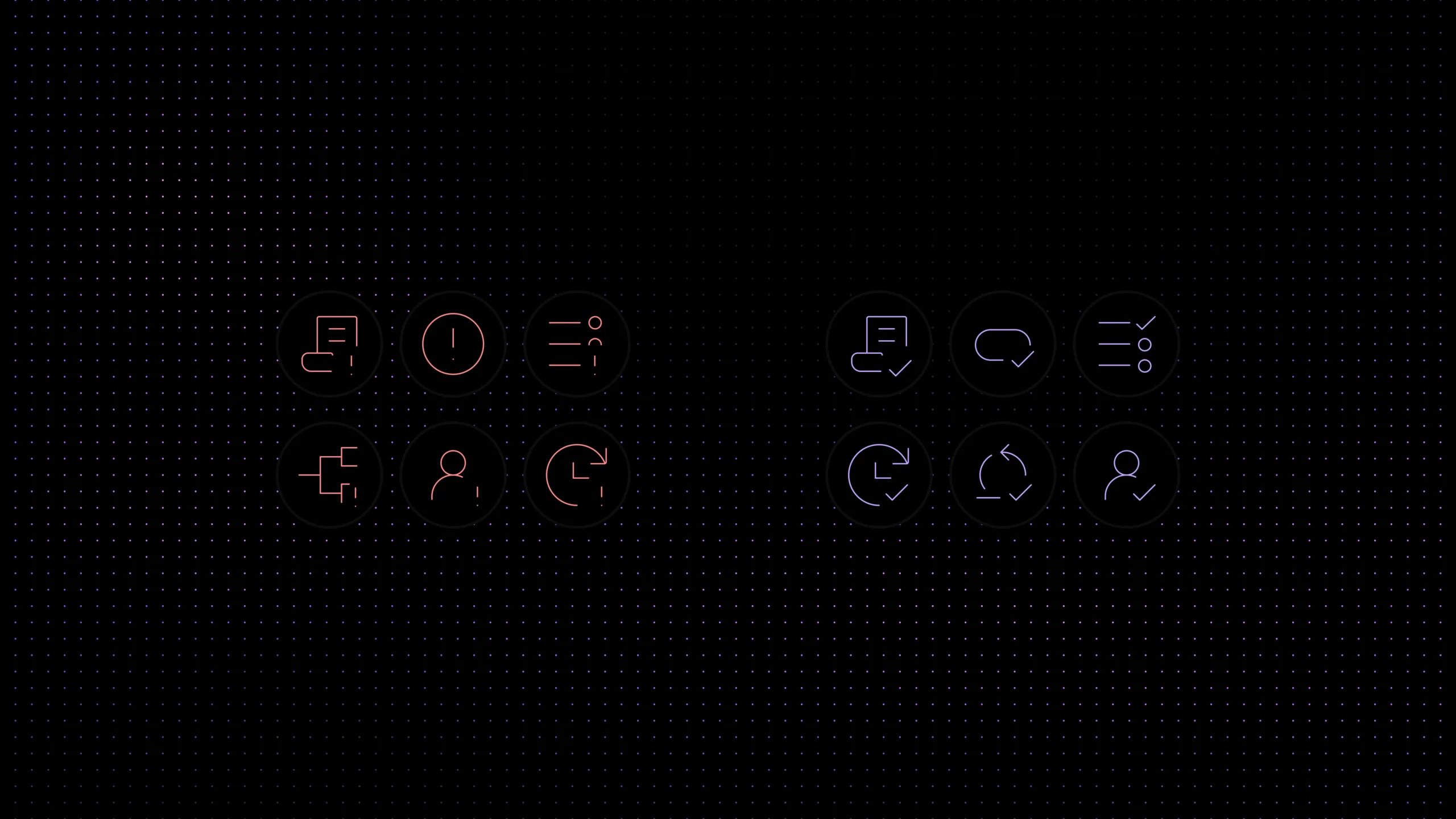 Futuristic workflow automation icons on a dark grid background representing messaging, tasks, users, and system processes.