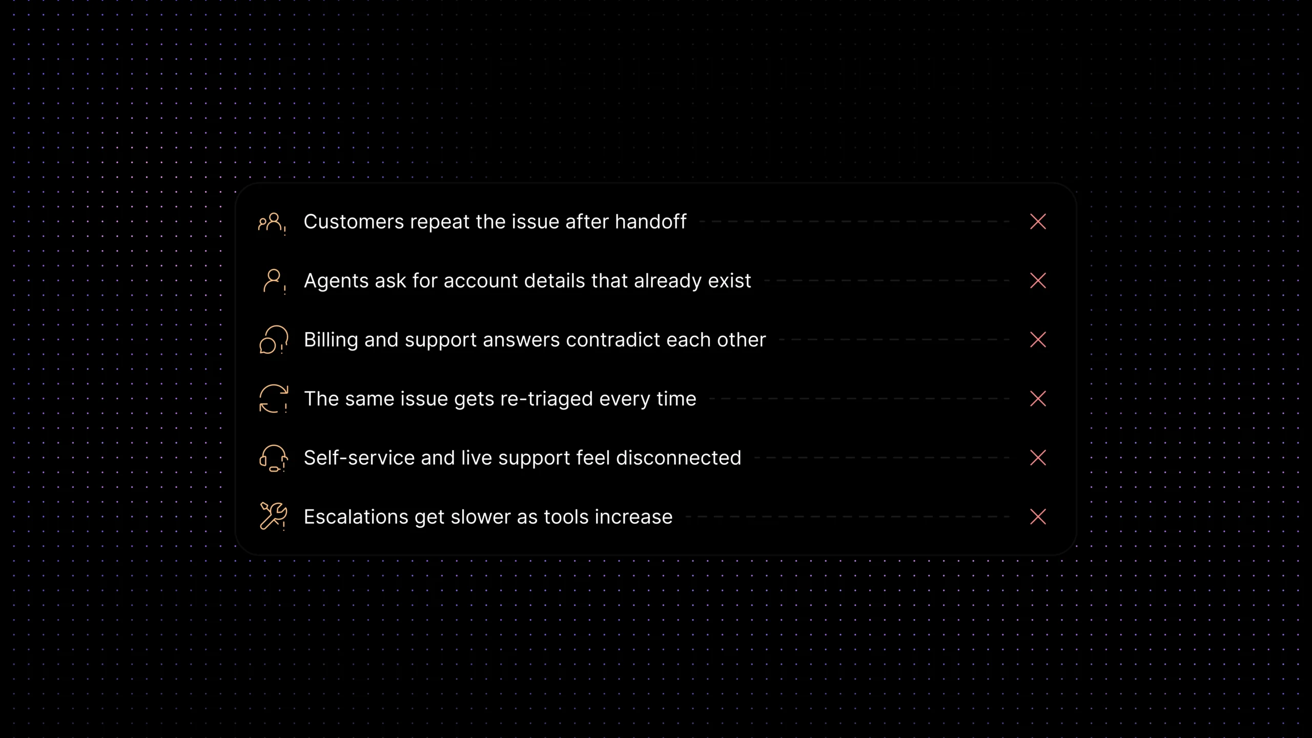 Checklist of signs that a support team is losing customer context, including repeated issues after handoff, missing account details, and slower escalations.