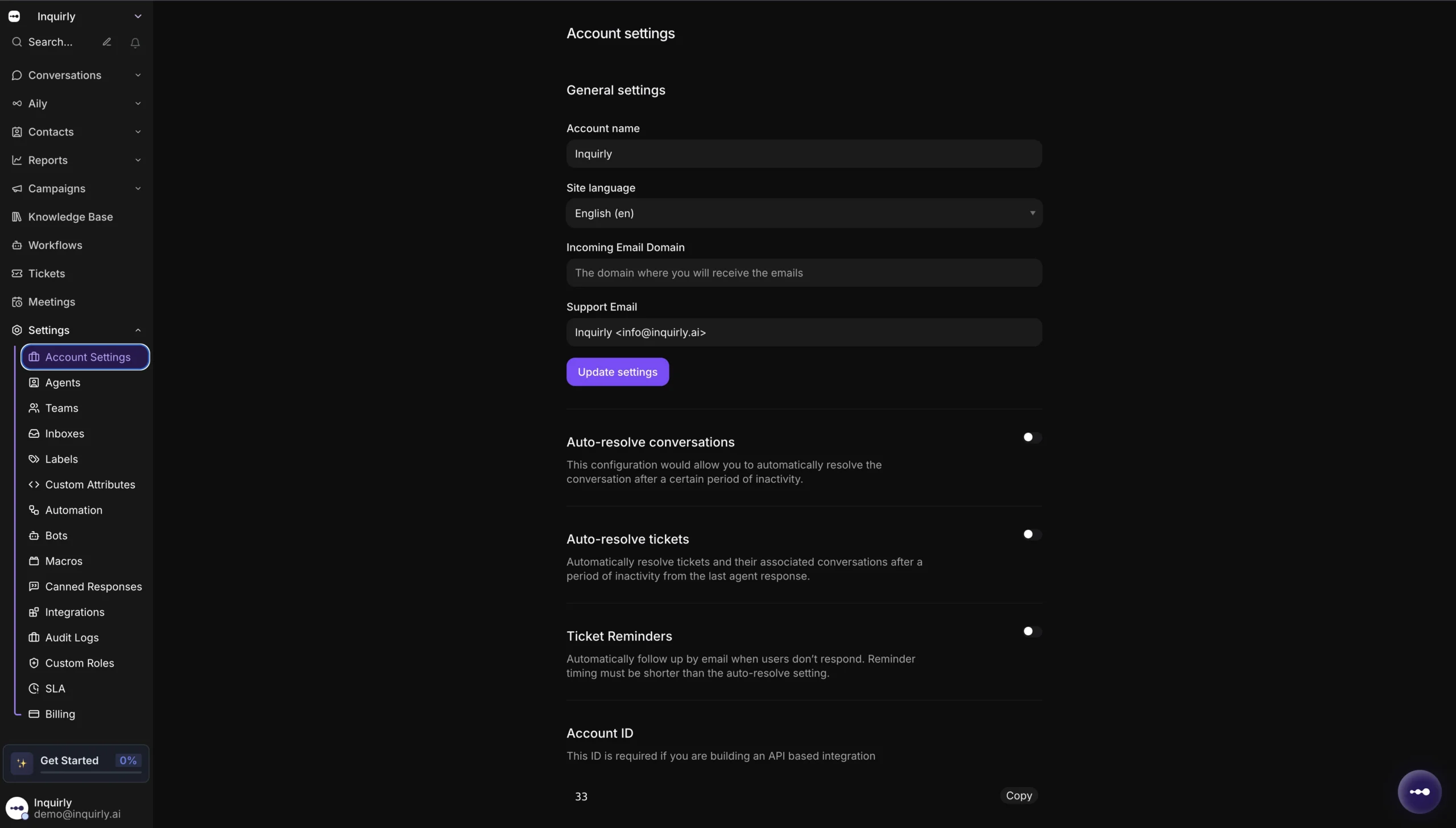 Inquirly Account Settings page with account name, site language dropdown, and inactivity duration field