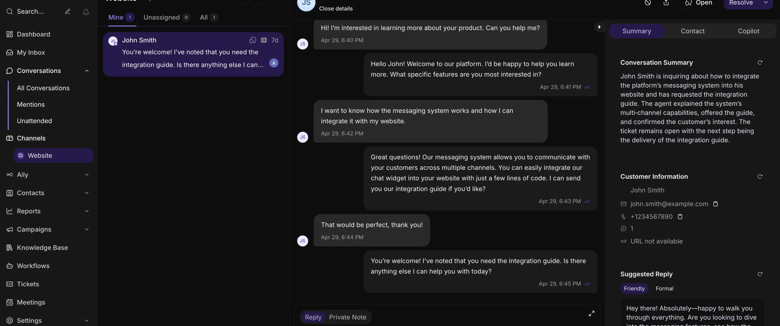 Inquirly dashboard conversation view with reply box and omnichannel routing indicator