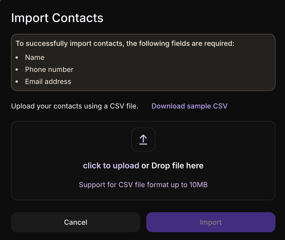 Inquirly Contacts tab showing the Import button and CSV file upload screen