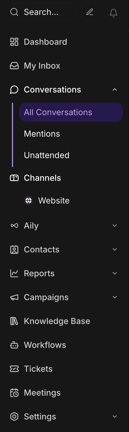 Inquirly sidebar Conversations section expanded showing All Conversations, Mentions, Unattended, Folders, and channel views