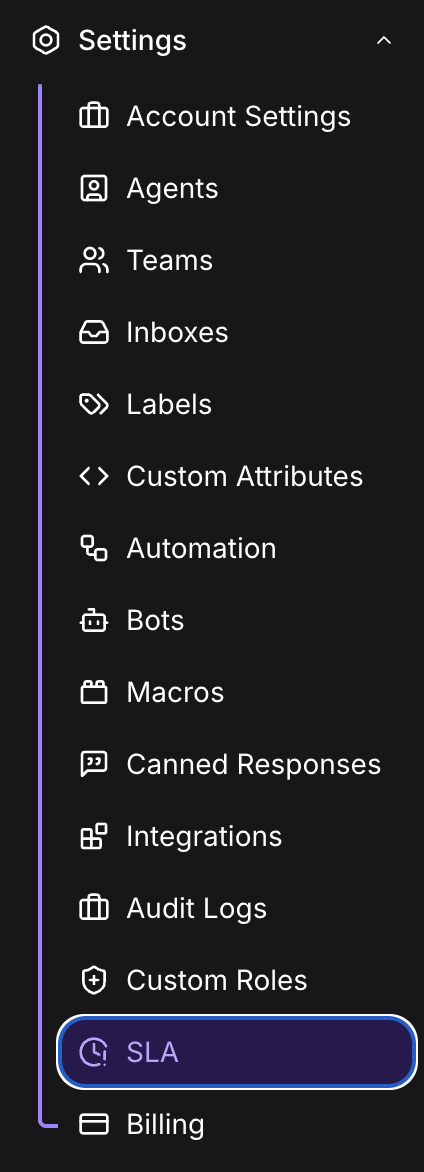 Inquirly Settings sidebar menu showing all configuration options including Agents, Teams, Inboxes, Automation, and SLA
