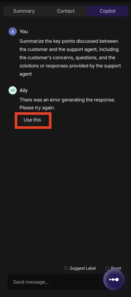 Inquirly Copilot tab showing an AI-generated draft reply with the Use this button to insert it into the message composer
