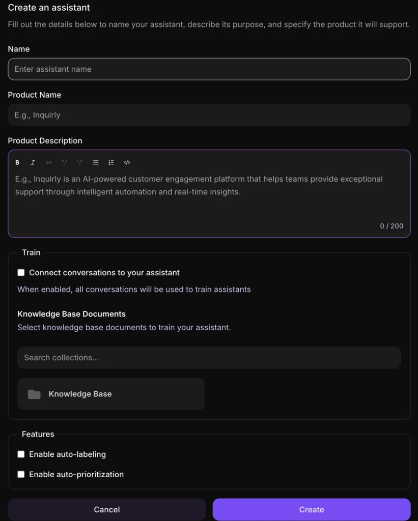 Inquirly Create an Assistant dialog showing fields for name, description, product name, and AI feature toggles
