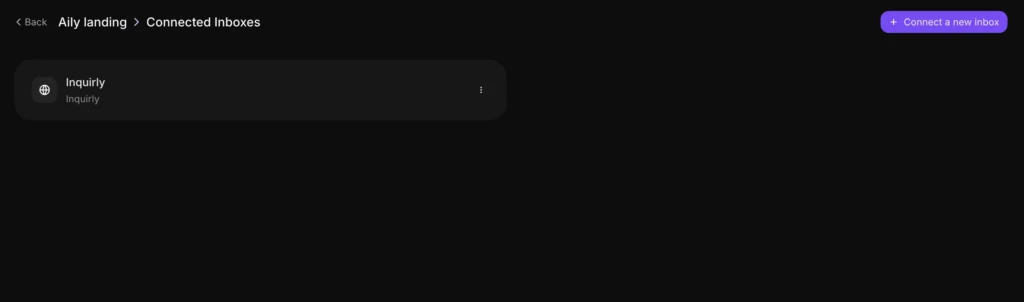 Inquirly Connect an Inbox modal showing available inbox channels including Live Chat, WhatsApp, and Email with a Connect button