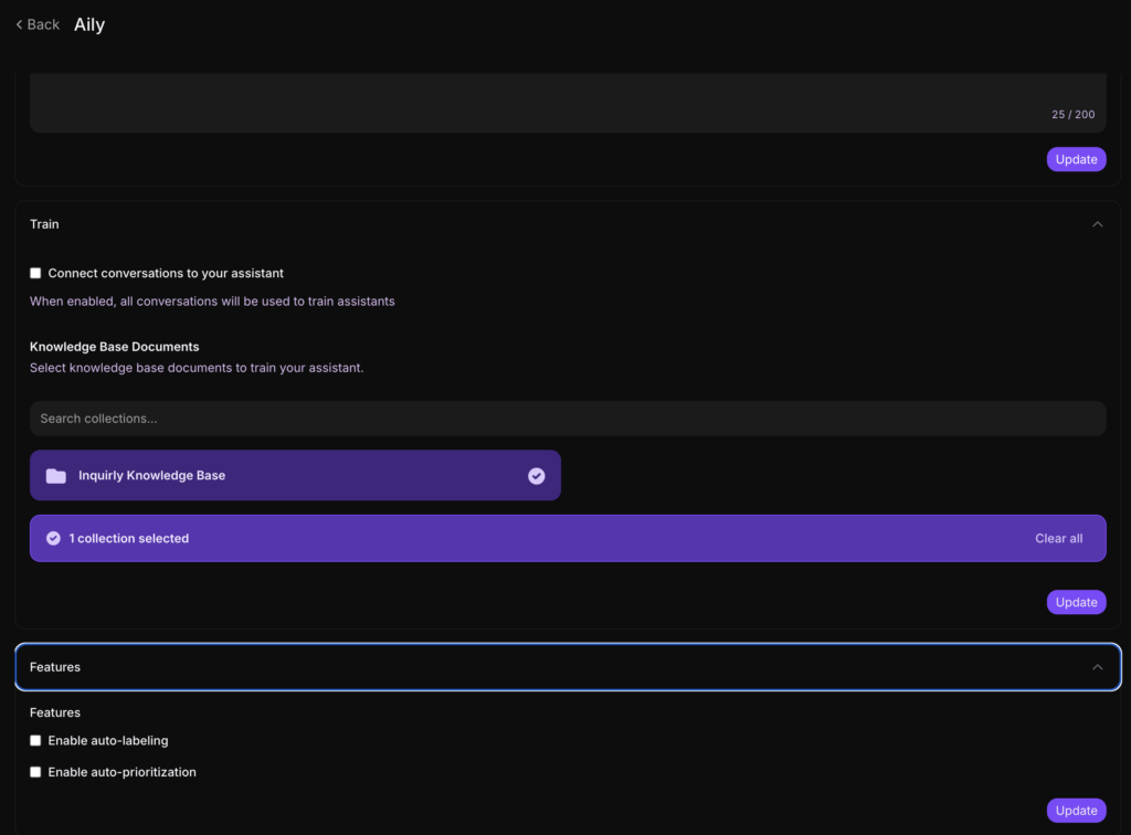 Inquirly Aily assistant settings showing auto-labeling and auto-prioritization feature checkboxes enabled