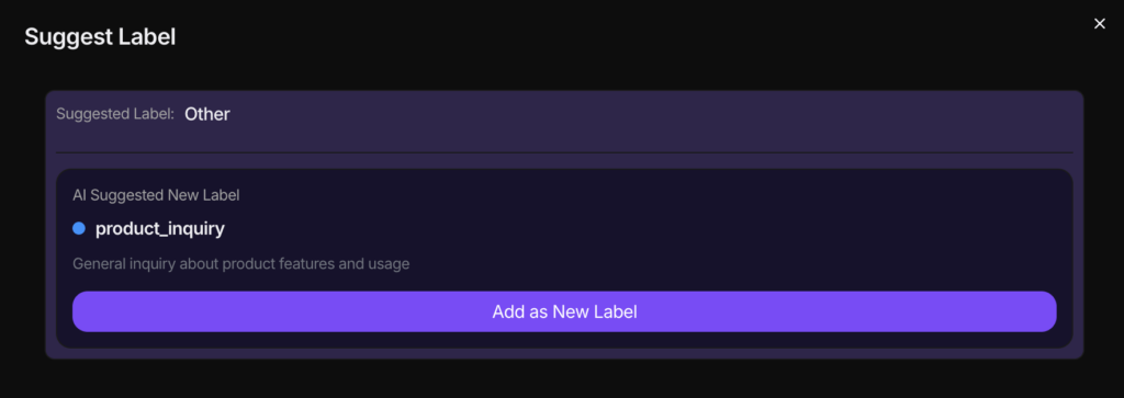 Inquirly Copilot Suggest Label modal showing a suggested label with an option to add a new label based on AI detection