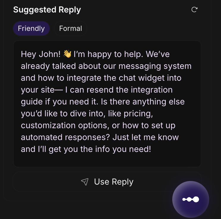 Inquirly Summary Sidebar Suggested Reply section showing a draft reply with Friendly and Formal tone toggle and Use Reply button