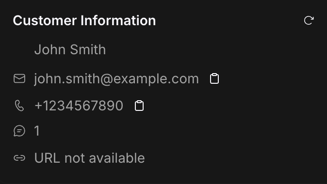 Inquirly Summary Sidebar customer information section showing name, email, phone, and conversation count fields with placeholder dashes for missing data