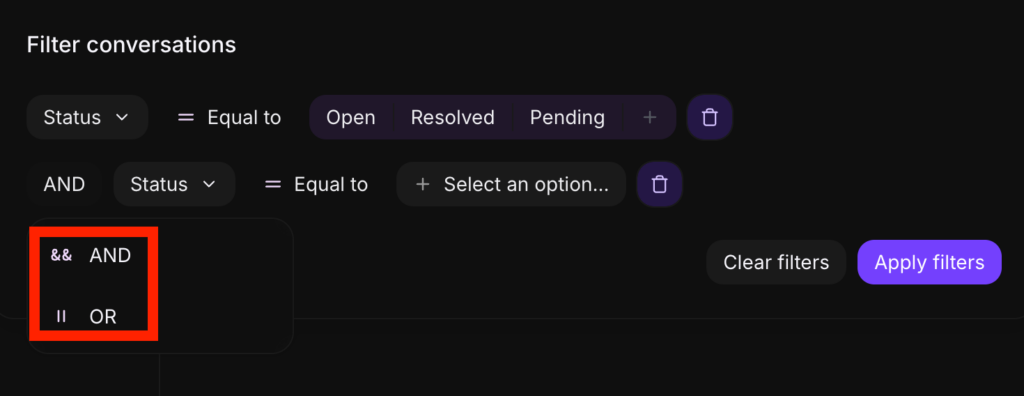 Inquirly Filter conversations modal showing two filter conditions connected with an AND operator