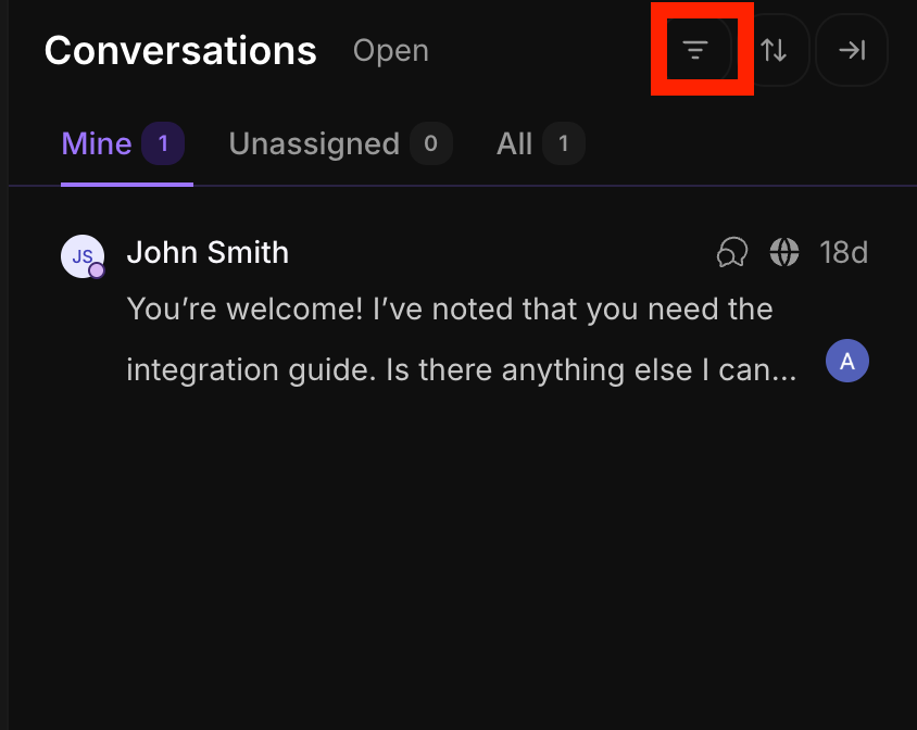 Inquirly conversation list header with the Filter icon highlighted for accessing the filter modal