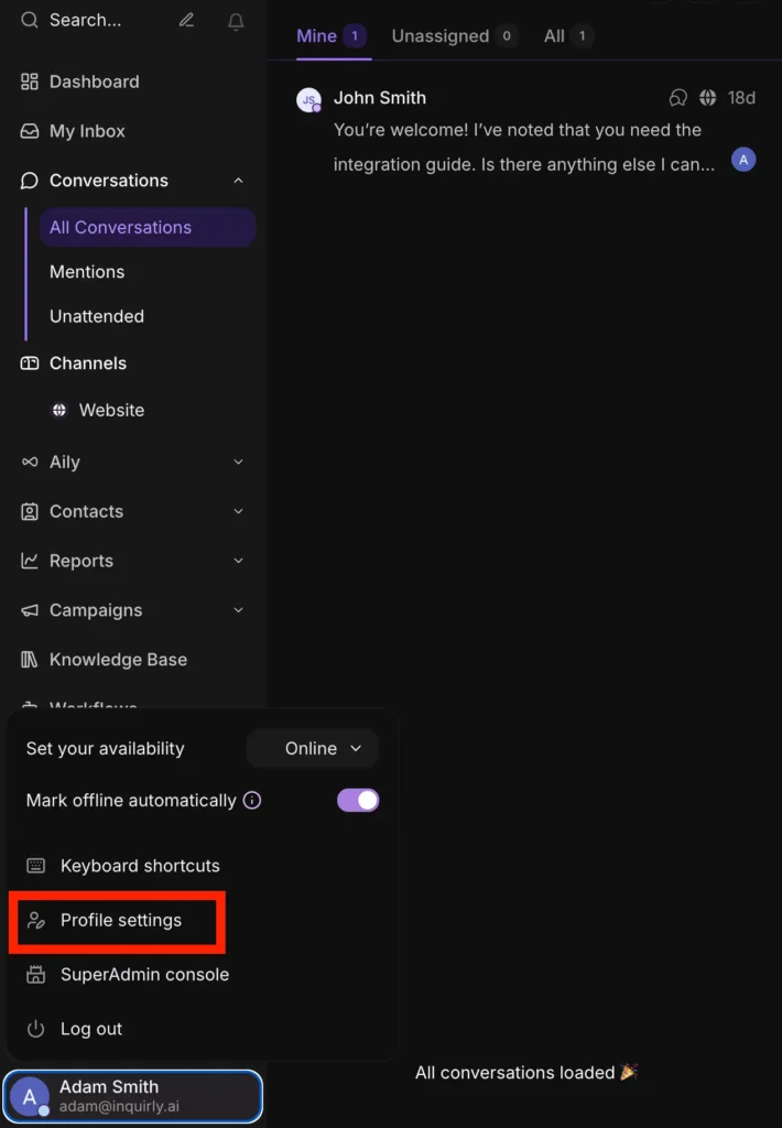 Inquirly dashboard bottom-left profile menu with Profile Settings option highlighted