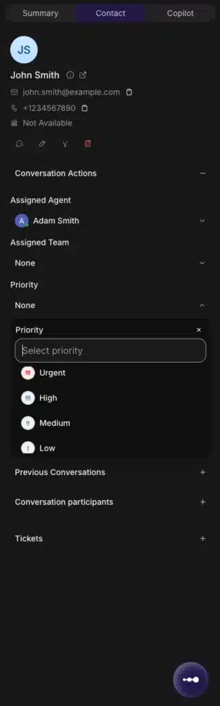 Inquirly Conversation Actions panel with the Priority dropdown open showing Urgent, High, Medium, and Low options