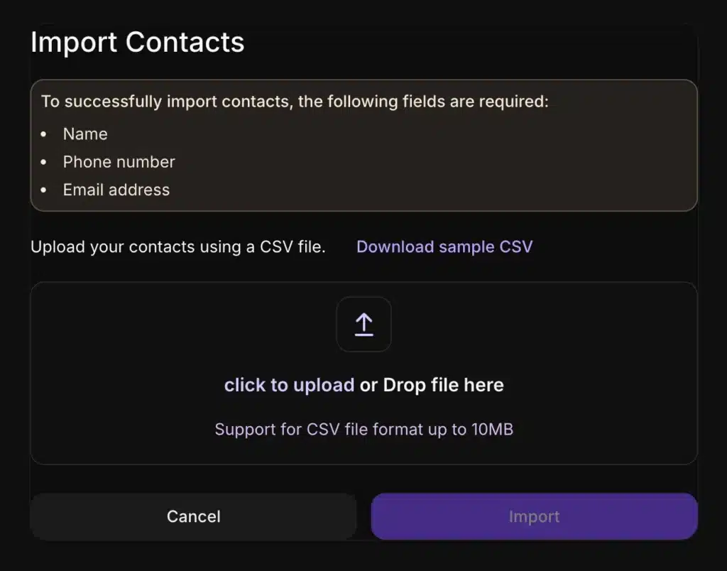 Inquirly Import Contacts dialog with required fields listed, CSV upload area, and Import button