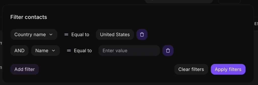 Inquirly Contacts filter panel showing a filter condition for country name equal to United States with Apply filters button