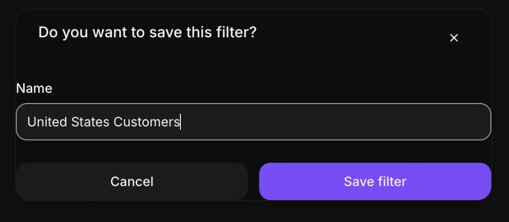 Inquirly save filter dialog with a segment name entered and the Save filter button ready to click