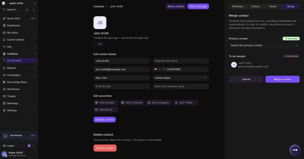 Inquirly contact profile page showing customer details, labels, and conversation history