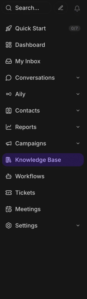 Inquirly left sidebar with the Knowledge Base item highlighted in the navigation menu