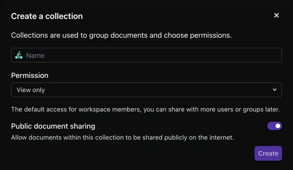 Inquirly new collection dialog showing fields for name, icon, color, default access level, and public sharing settings