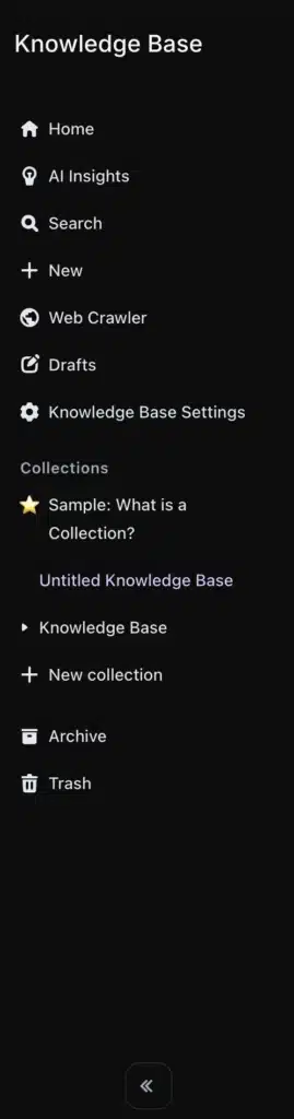 Inquirly Knowledge Base sidebar showing the new collection creation option