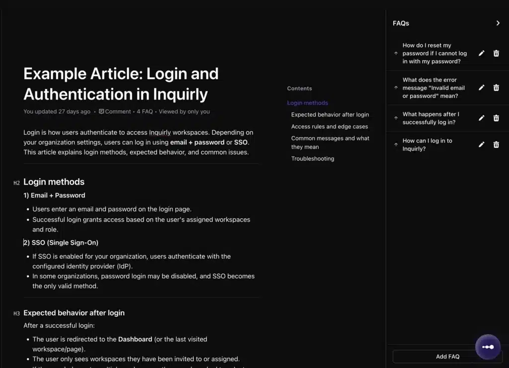 Inquirly article editor showing a title field and formatted content sections for a knowledge base article