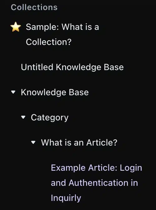 Inquirly Knowledge Base tree showing a correctly structured hierarchy with collection, knowledge base, article, and sub-article