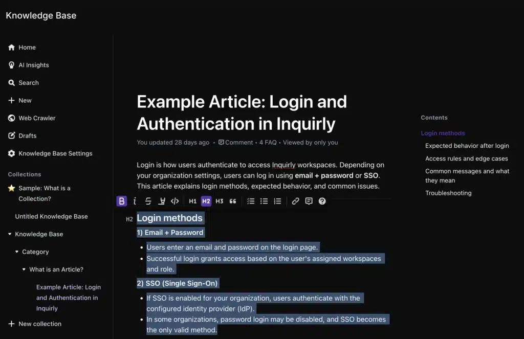 Inquirly article editor showing the inline formatting toolbar with text selected and formatting options visible
