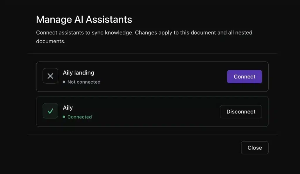 Inquirly Select Assistants panel showing one connected assistant with Re-Sync and Disconnect options and one unconnected assistant with a Sync button