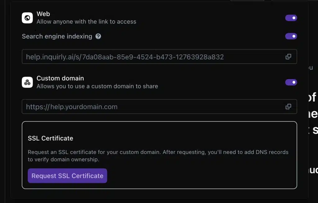 Inquirly publishing dialog custom domain section showing domain URL field and Request SSL Certificate button