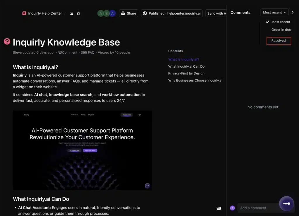Inquirly Knowledge Base comments sidebar showing an active comment thread with reply and resolve options