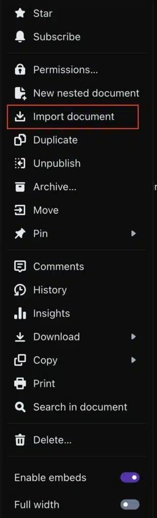 Inquirly Settings Import page showing supported import sources including Confluence, Notion, Word documents, and Markdown files