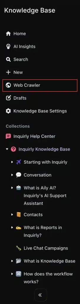 Inquirly Knowledge Base navigation panel showing the Web Crawler option in the menu