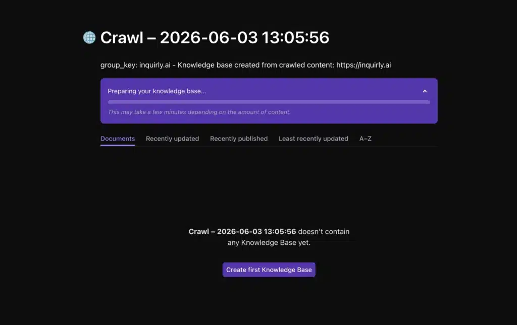 Inquirly Knowledge Base showing a completed crawl with a timestamp-named collection and Knowledge base ready notification