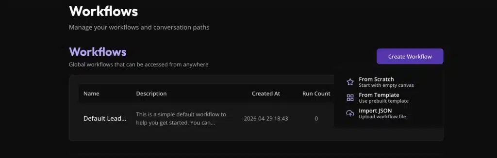 Inquirly Create Workflow screen showing three creation options: From Scratch, From Template, and Import JSON