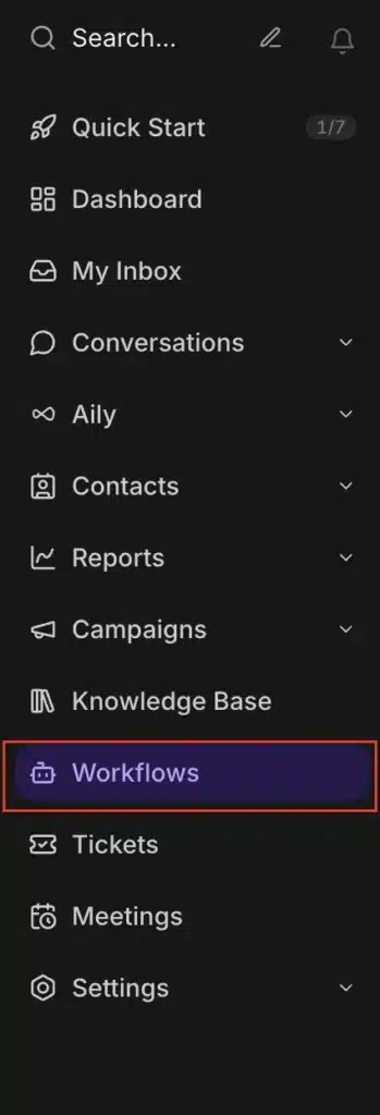 Inquirly left sidebar with the Workflows item highlighted in the navigation menu