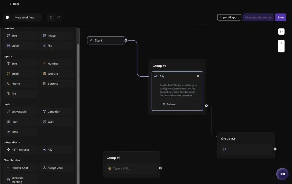 Inquirly Aily block settings panel showing intro message field, Knowledge Base Settings, and post-conversation action options