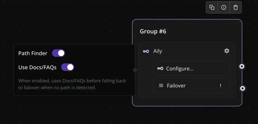 Inquirly Aily block settings panel showing the Path Finder toggle switched on