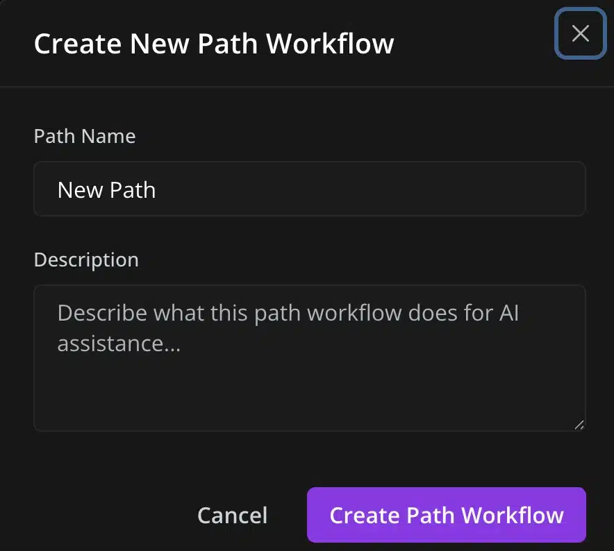 Inquirly Path creation dialog showing the Name and Description fields with a specific detection-oriented description entered